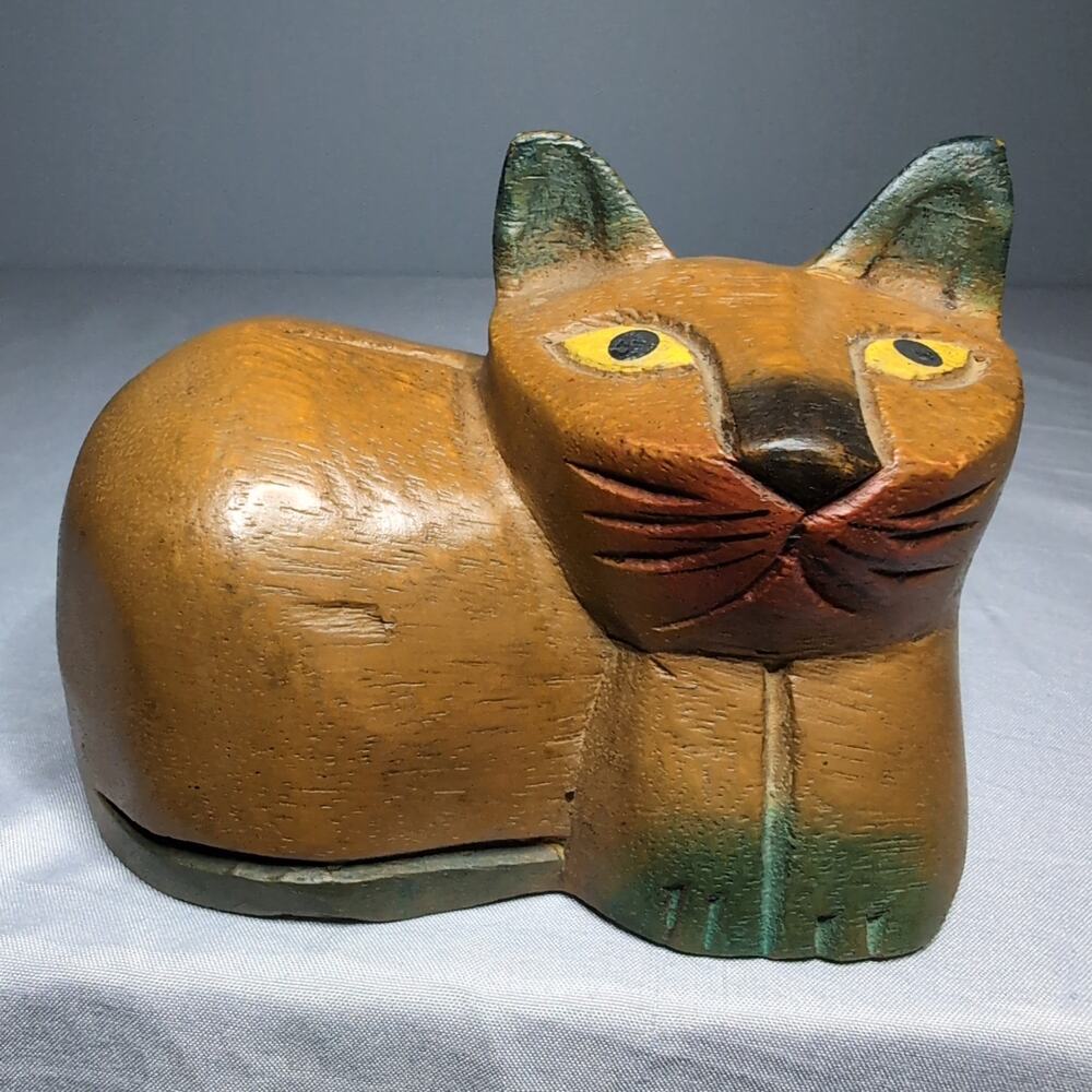 Folk Art‎ Wooden Cat Carved Sculpture Chunky Painted Figurine